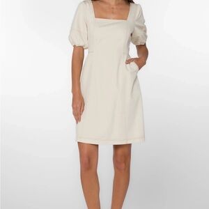 Velvet Heart Denim Dress Miko Ivory Puff Sleeves Pockets Dress